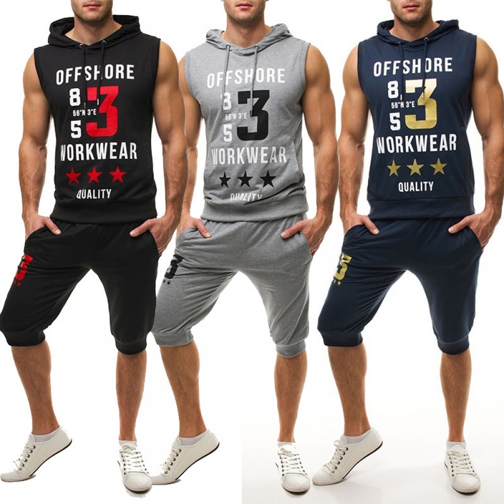 Ouma Sports Suit Men's Summer Sleeveless Hooded Vest Fitness Sportswear Running Two-piece Set