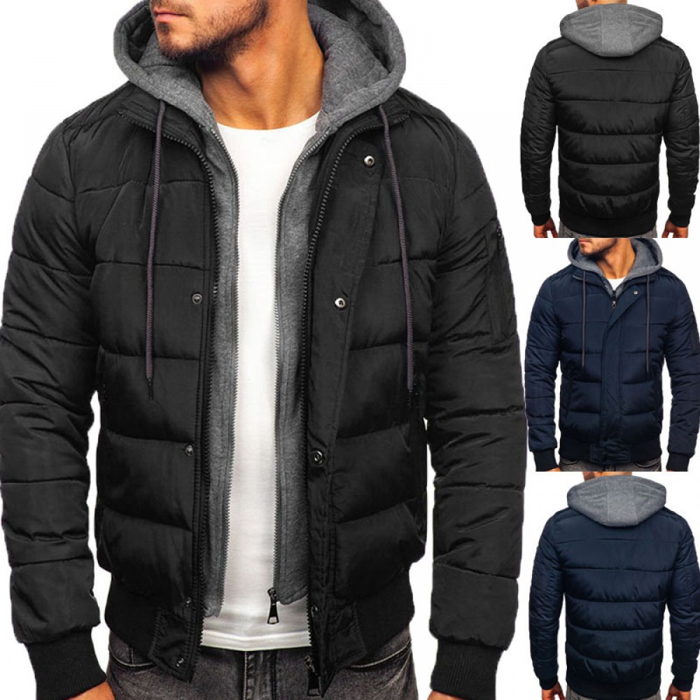 New autumn and winter men's cotton-padded jackets, casual down padded jackets, men's thick padded jackets, fake two-piece hooded men's jackets