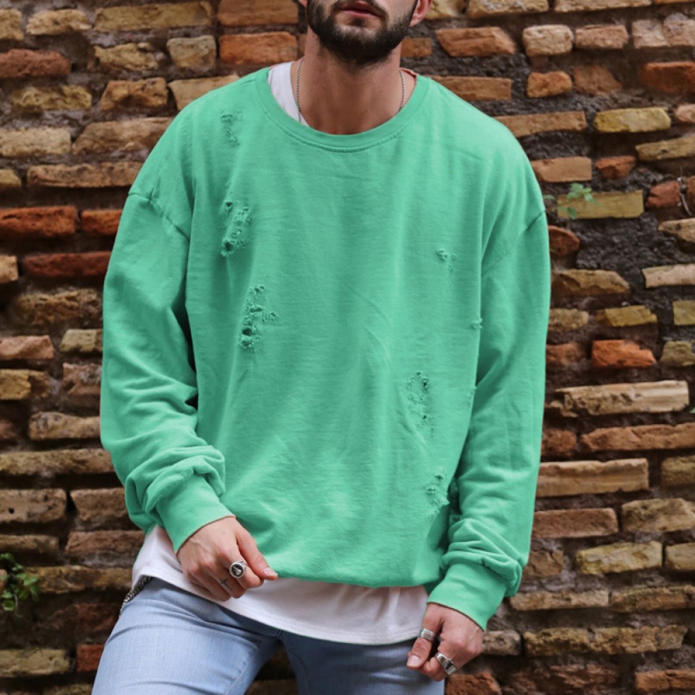 T74 Men's casual sweater burning flower broke hole long sleeve sweater